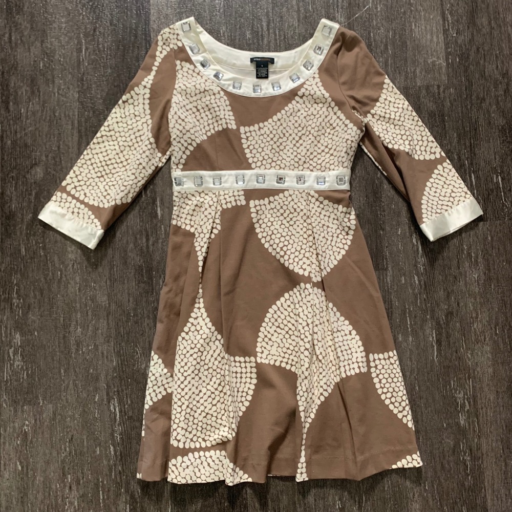 BCBGMAXAZRIA Brown White Dot Print Jeweled 3/4 Sleeve Dress Size S Women